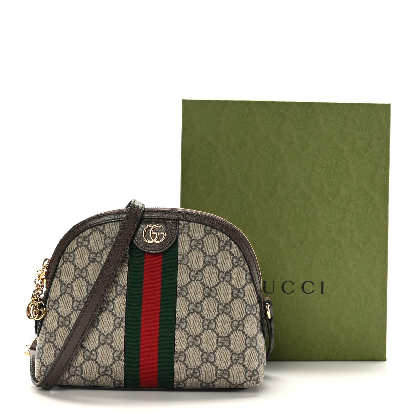 GG Supreme Monogram Textured Dollar Calfskin Web Small Ophidia Dome Shoulder Bag Beige Ebony New Acero