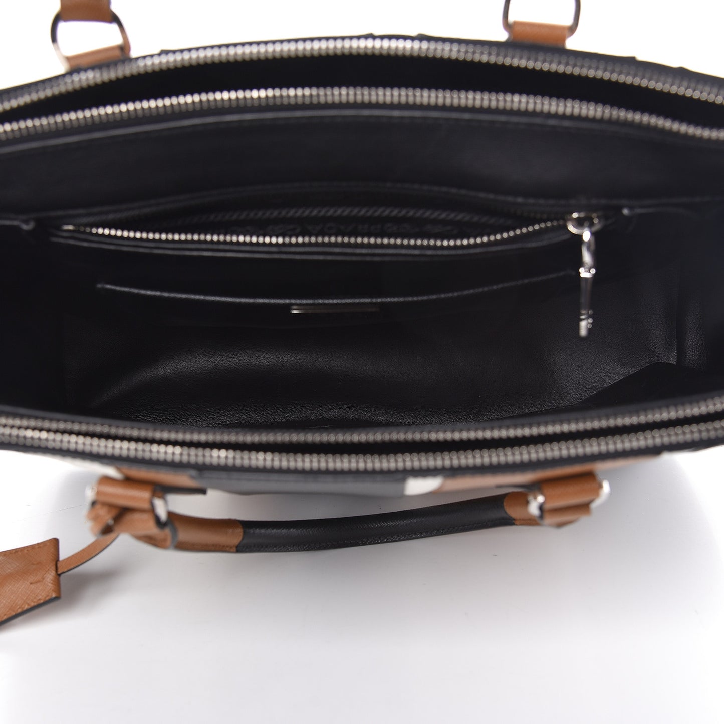 Saffiano Baiadera Striped Medium Galleria Double Zip Tote Caramel Black White