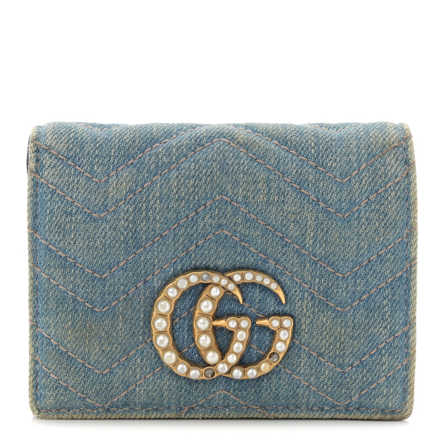Gucci Denim Matelasse Pearly GG Marmont Card Case Wallet Blue 1 of 9
