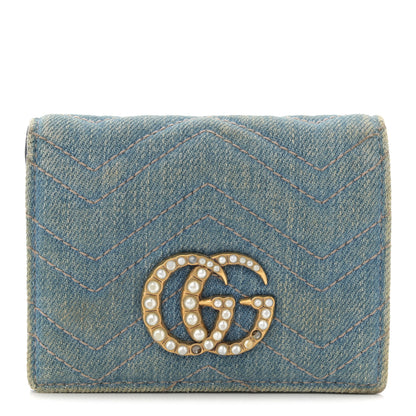 Gucci Denim Matelasse Pearly GG Marmont Card Case Wallet Blue 1 of 9