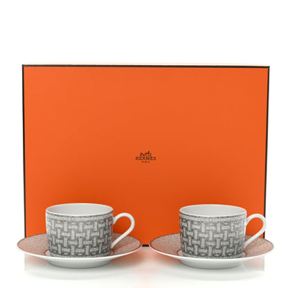 Hermes Porcelain Mosaique Au 24 Platine Tea Cup And Saucer Set Of 2 Platinum 9 of 9