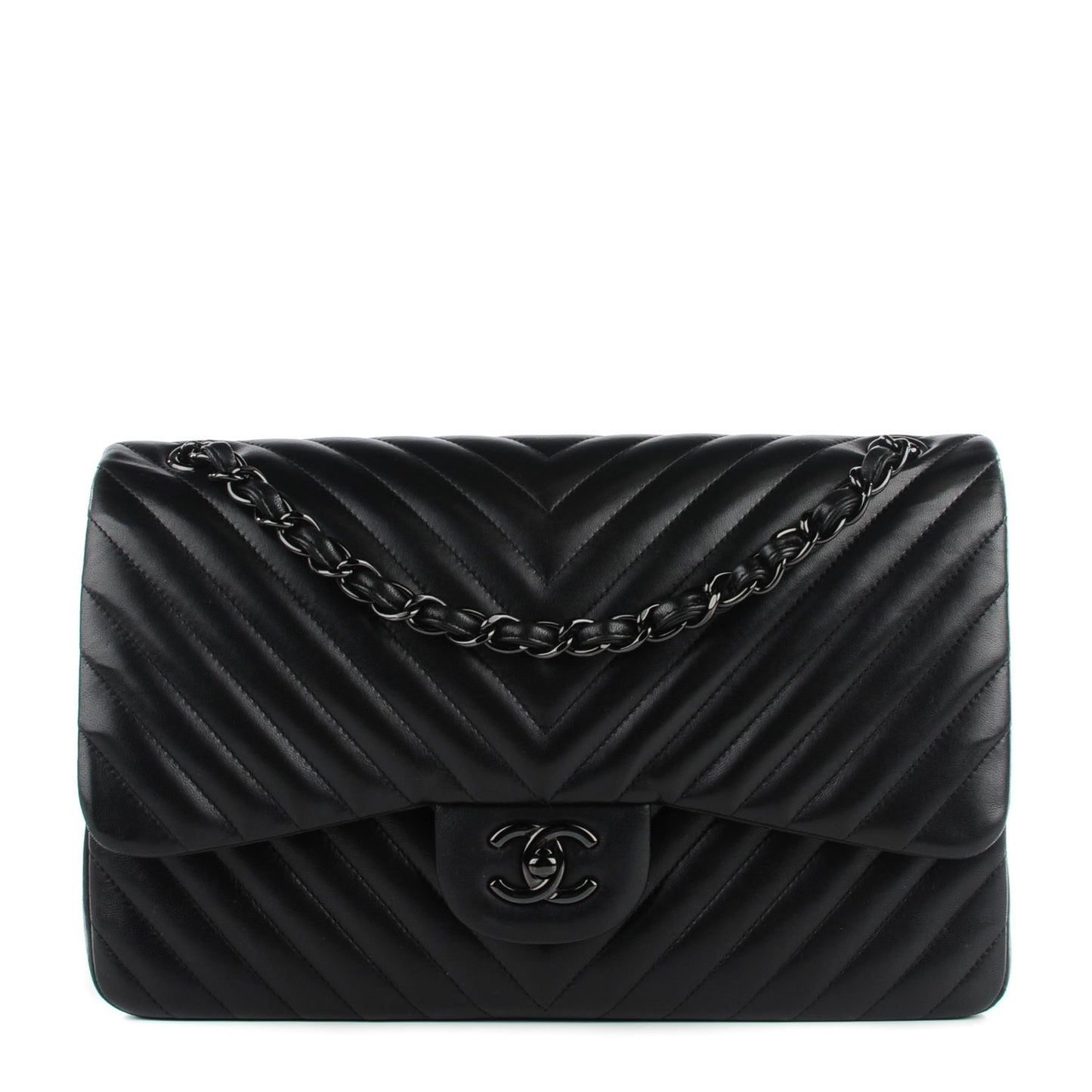Lambskin Chevron Quilted Jumbo Double Flap So Black