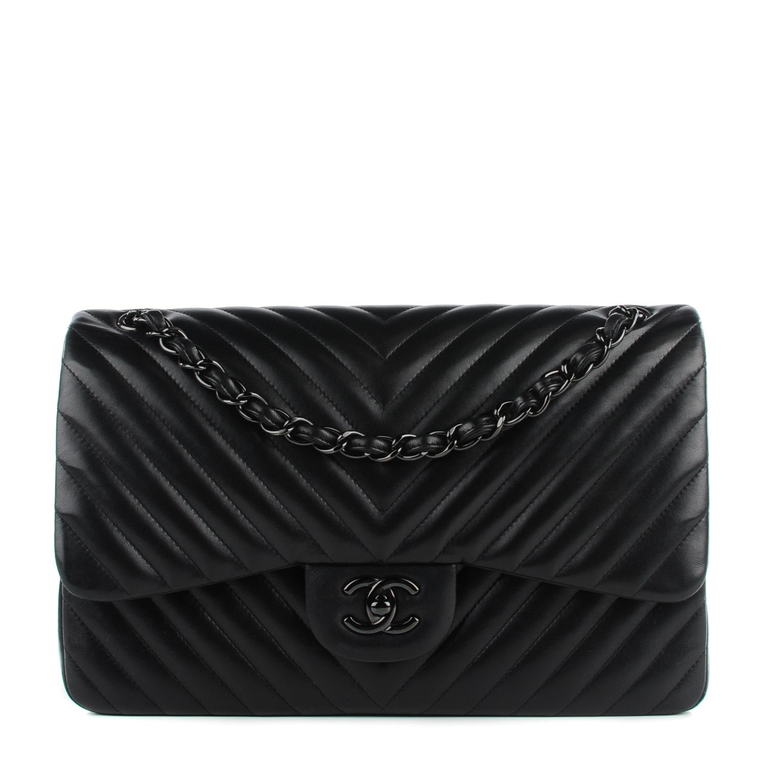 Chanel Lambskin Chevron Quilted Jumbo Double Flap So Black 1 of 9
