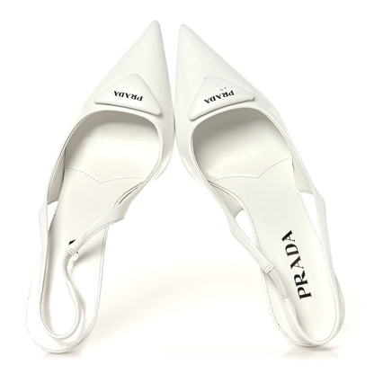 Prada Calfskin Triangle Logo Pointed Toe 75mm Slingback Pumps 38.5 White 2 of 9