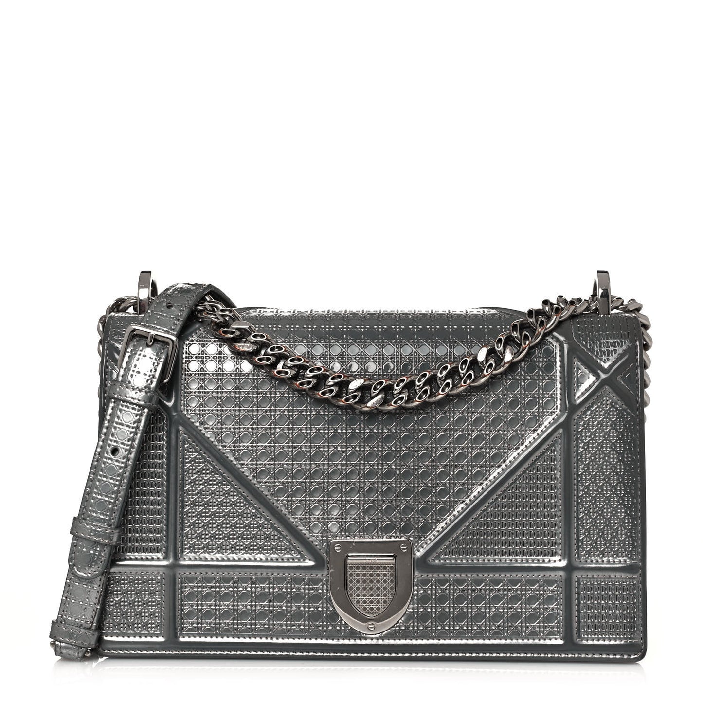 Metallic Patent Micro-Cannage Medium Diorama Flap Bag Silver