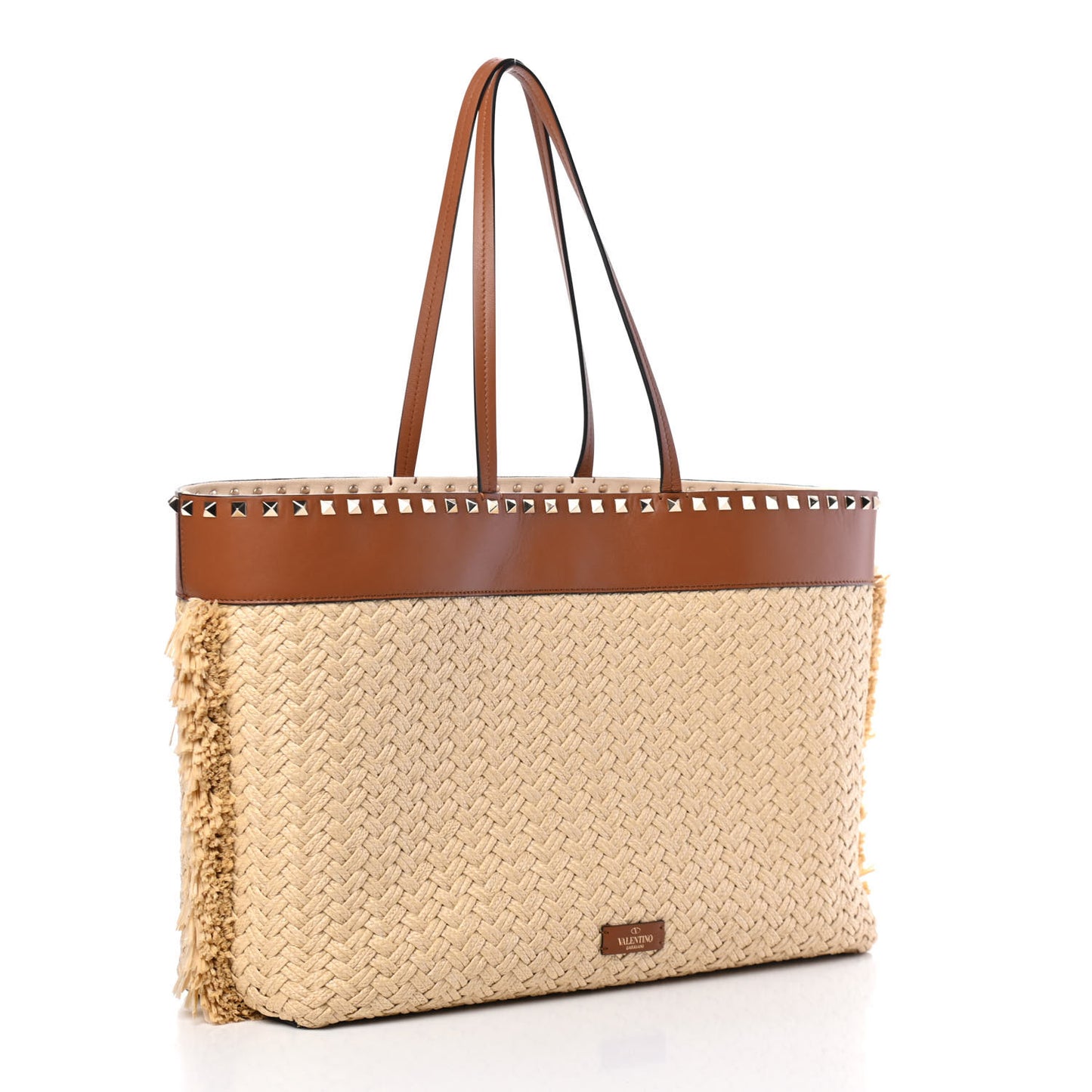 Raffia Calfskin Rockstud Shoulder Tote Naturale Saddle Brown