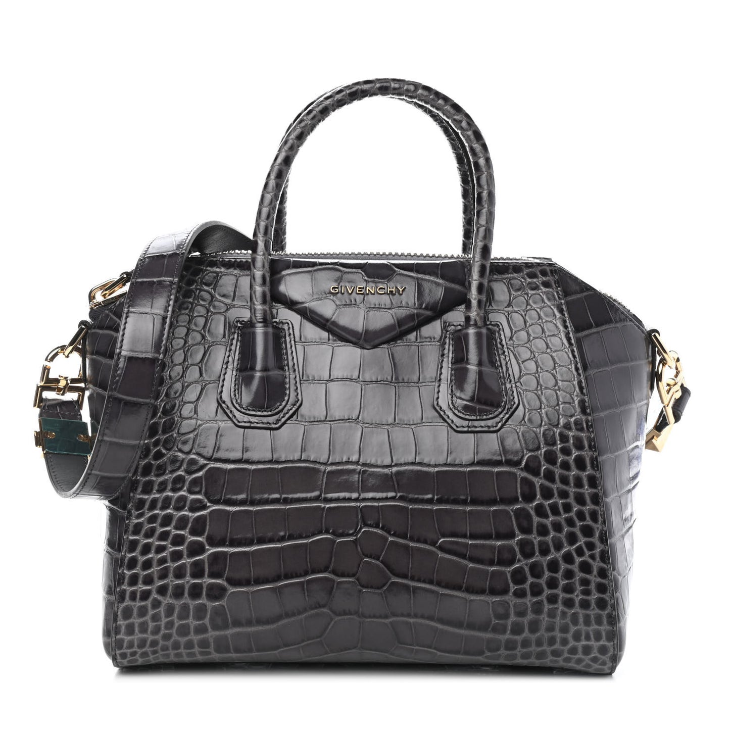 Calfskin Crocodile Embossed Small Antigona Storm Grey