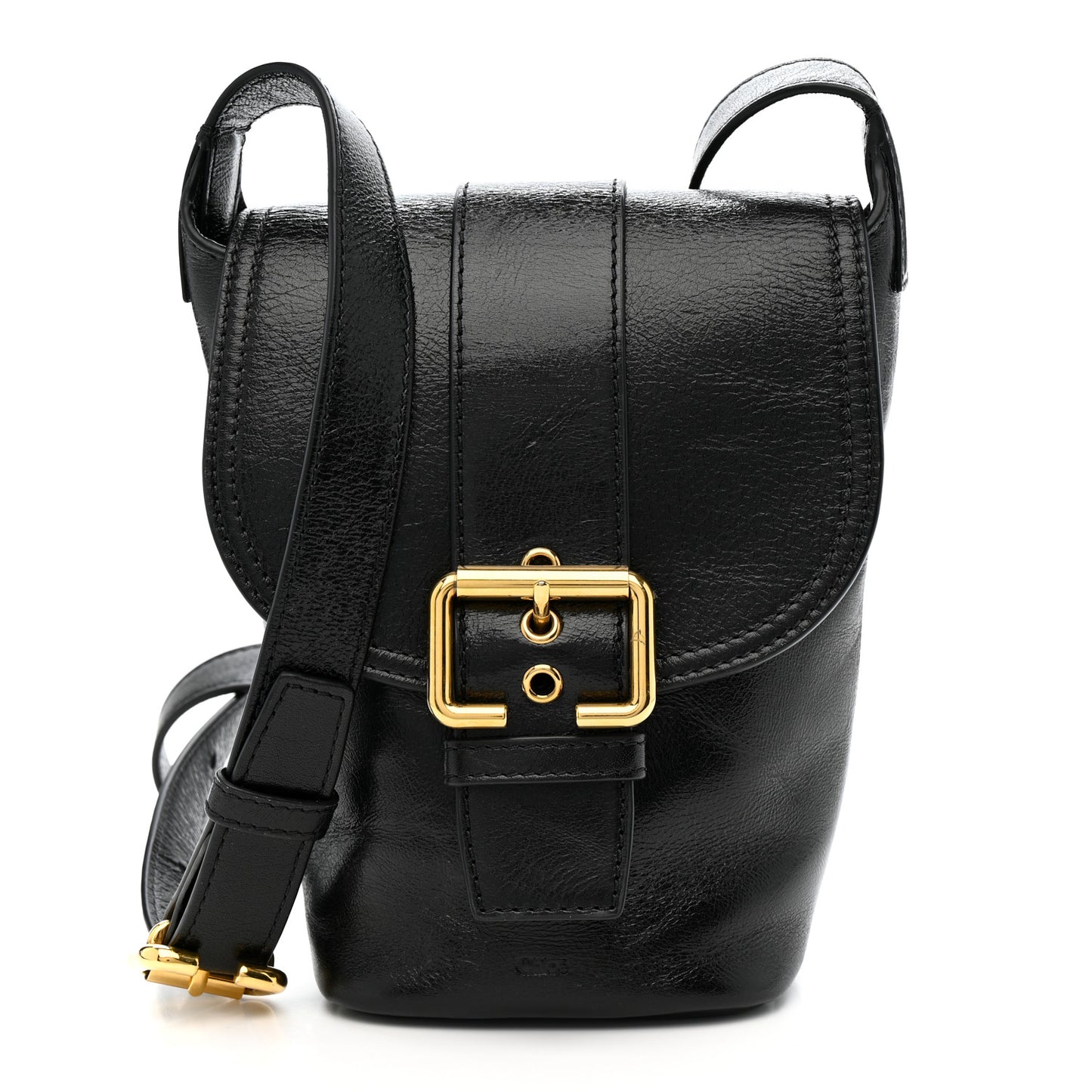 Shiny Calfskin Camera Crossbody Black
