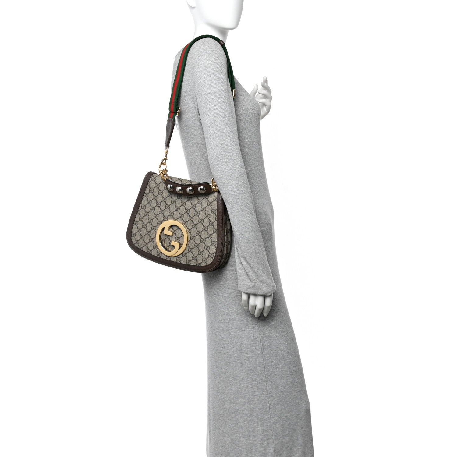 Gucci GG Supreme Monogram Textured Dollar Calfskin Web Medium Blondie Top Handle Shoulder Flap Bag Beige Ebony New Acero 2 of 10