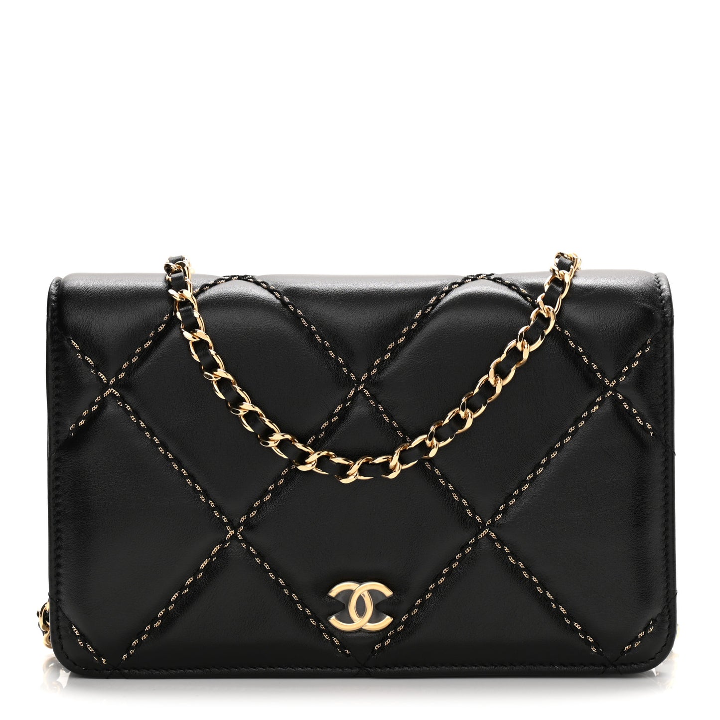 Lambskin Double Stitch Quilted Wallet On Chain WOC Black