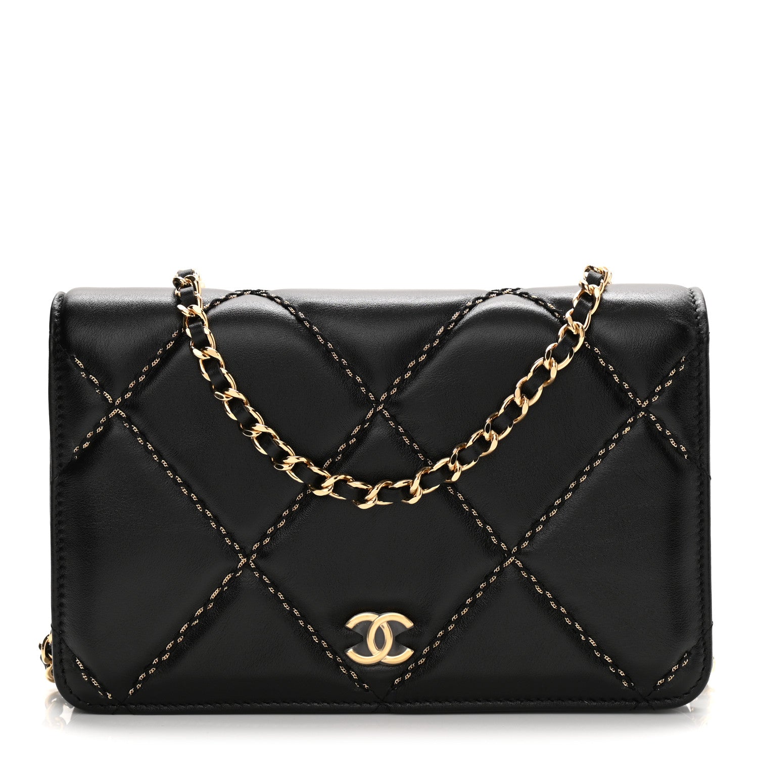 Chanel Lambskin Double Stitch Quilted Wallet On Chain WOC Black 1 of 12