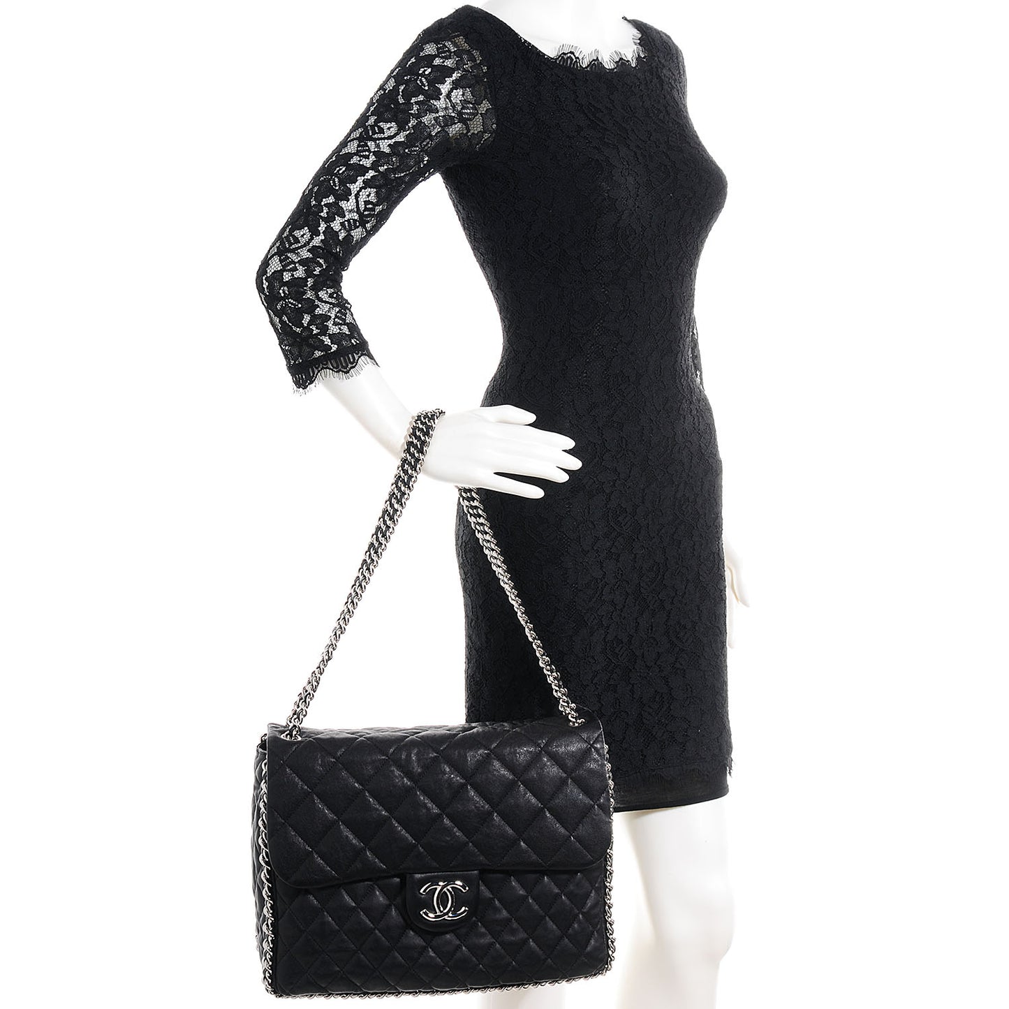 Washed Lambskin Chain Around Maxi Flap Bag Black