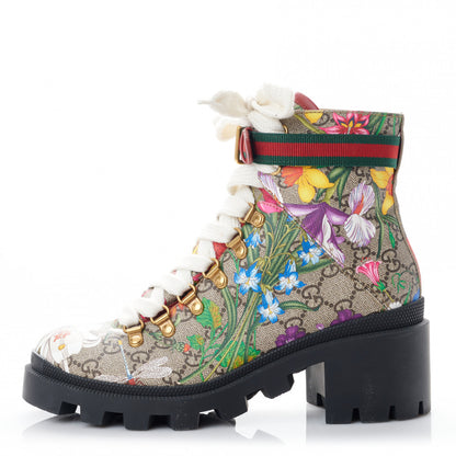 Gucci GG Supreme Monogram Flora Lace Up Combat Ankle Boots 37.5 Beige Multicolor Red 1 of 8