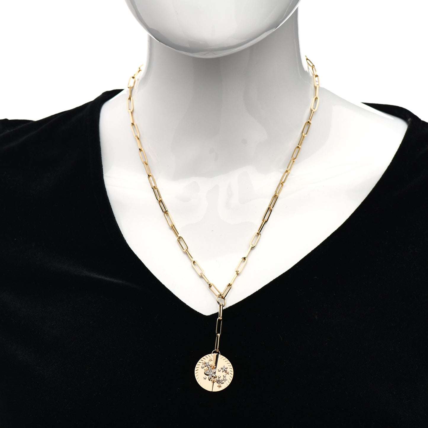 18K Yellow Gold Diamond Large Blossoms Medallion Classic Fob Chain Necklace
