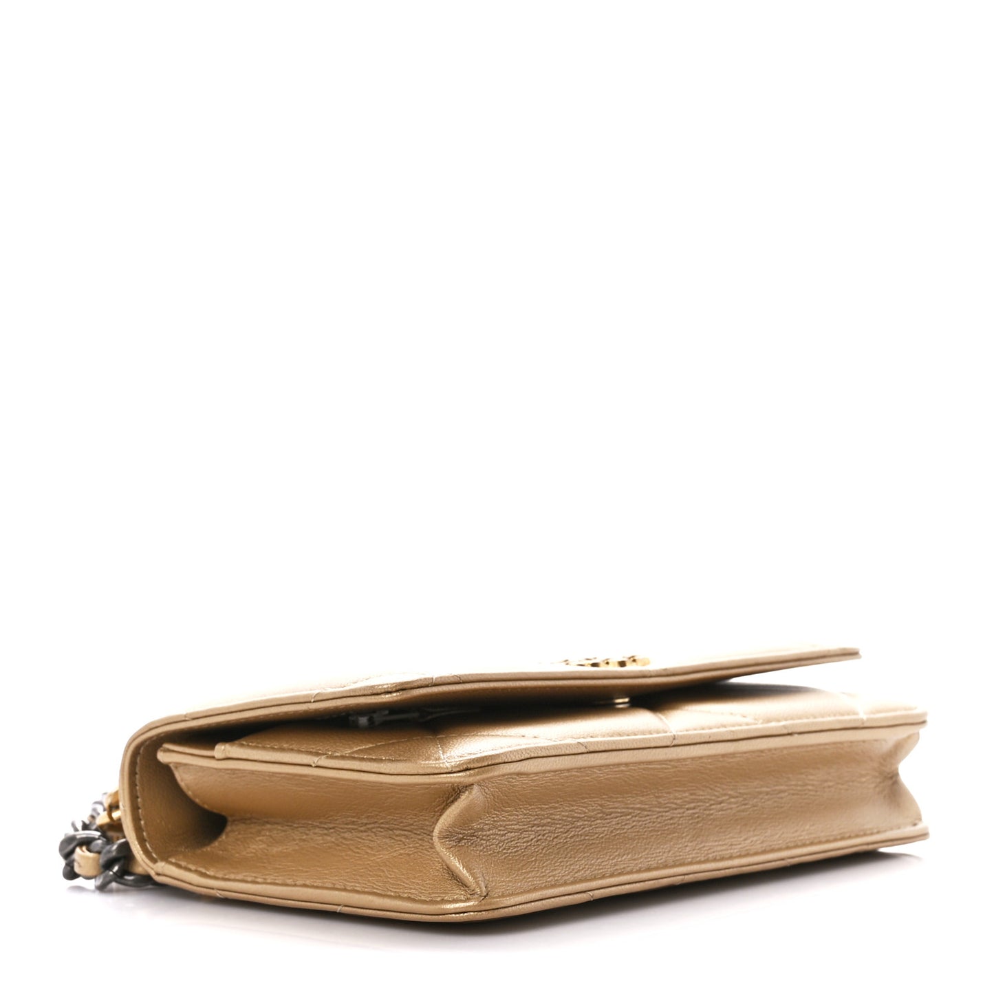 Metallic Goatskin Quilted Chanel 19 Wallet On Chain WOC Gold
