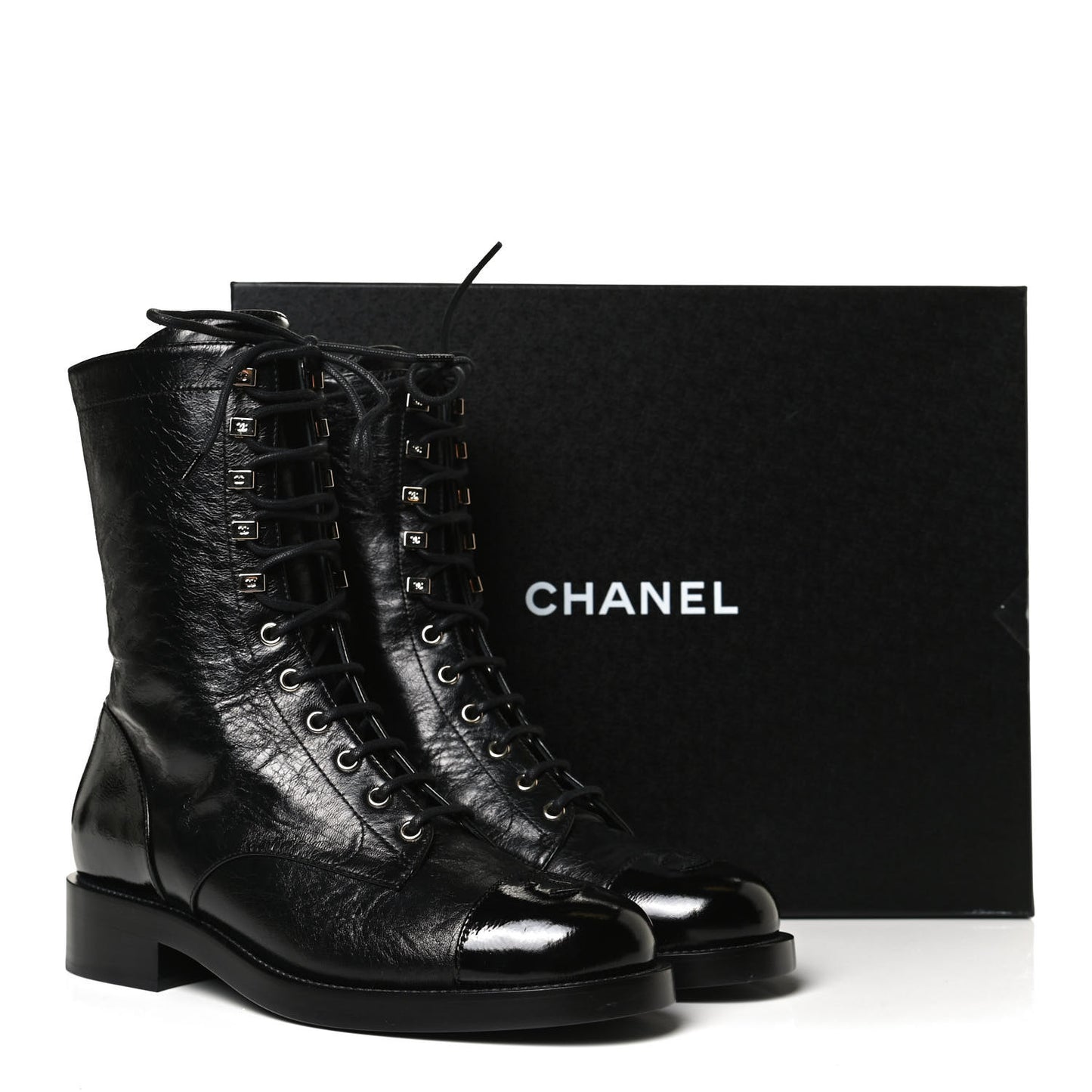 Crumpled Lambskin Shiny Calfskin Lace Up Combat Boots 40.5 Black