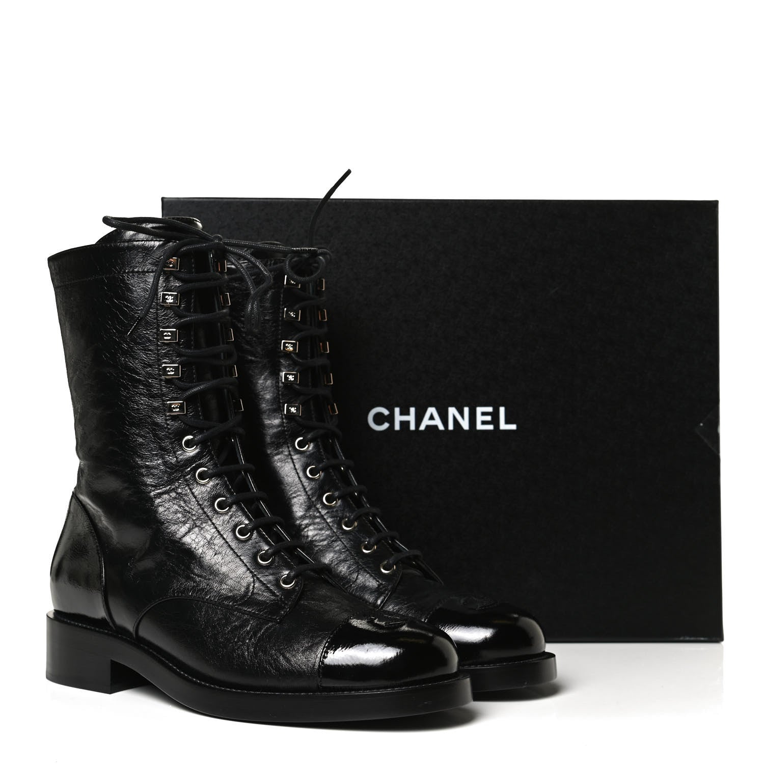 Chanel Crumpled Lambskin Shiny Calfskin Lace Up Combat Boots 40.5 Black 10 of 10