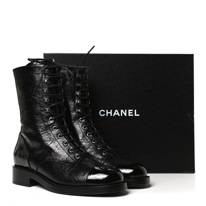 Chanel Crumpled Lambskin Shiny Calfskin Lace Up Combat Boots 40.5 Black 10 of 10