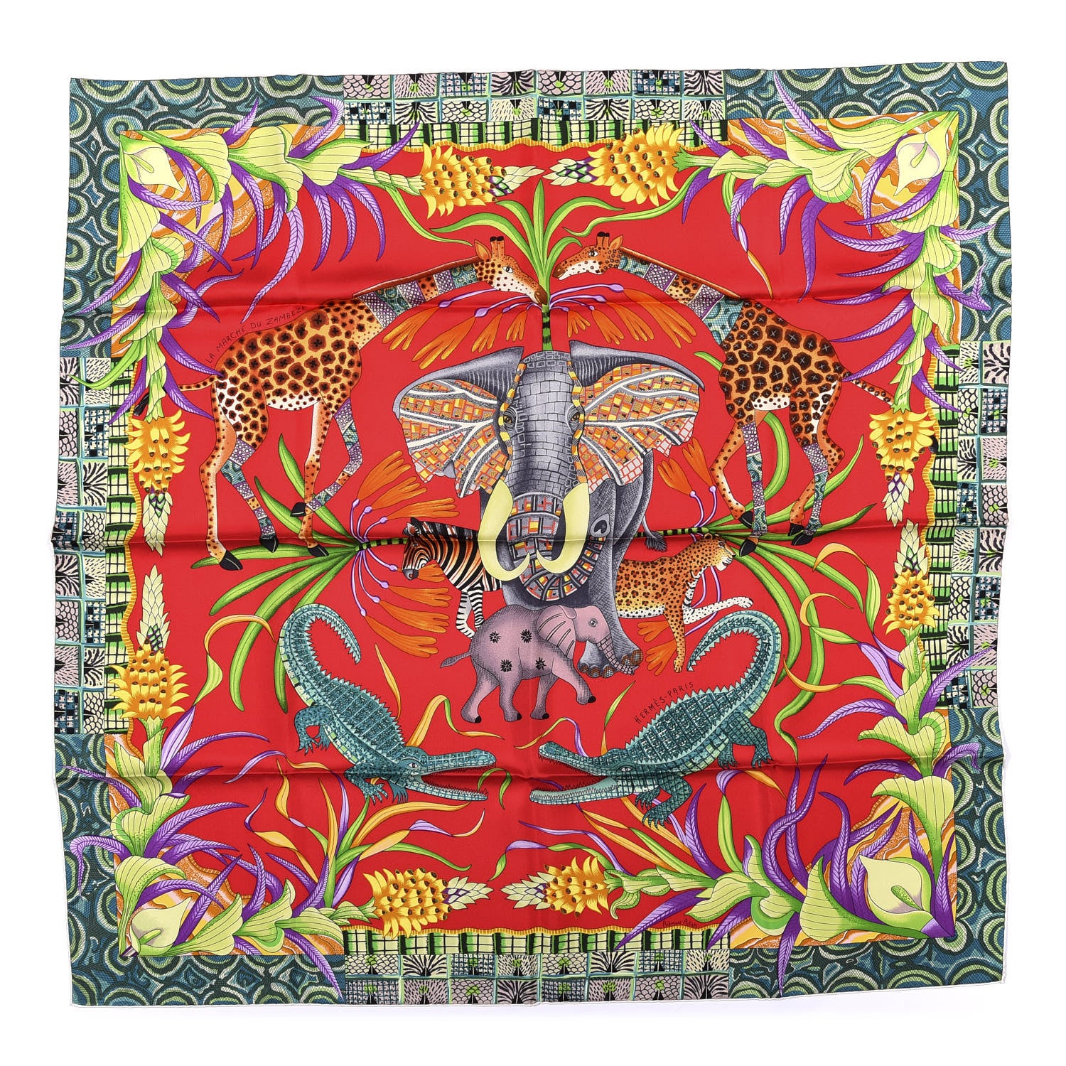 Hermes Silk a Marche Du Zambeze Scarf 90 Framboise Vert Orange 1 of 4