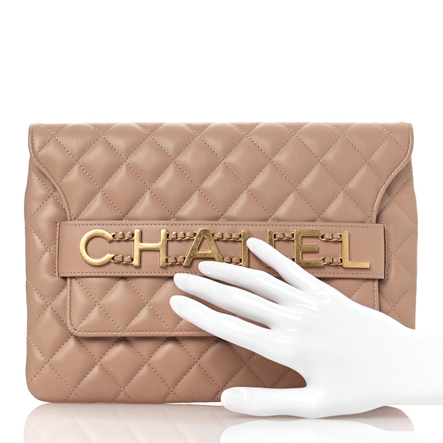 Calfskin Quilted Logo Flap Case Beige