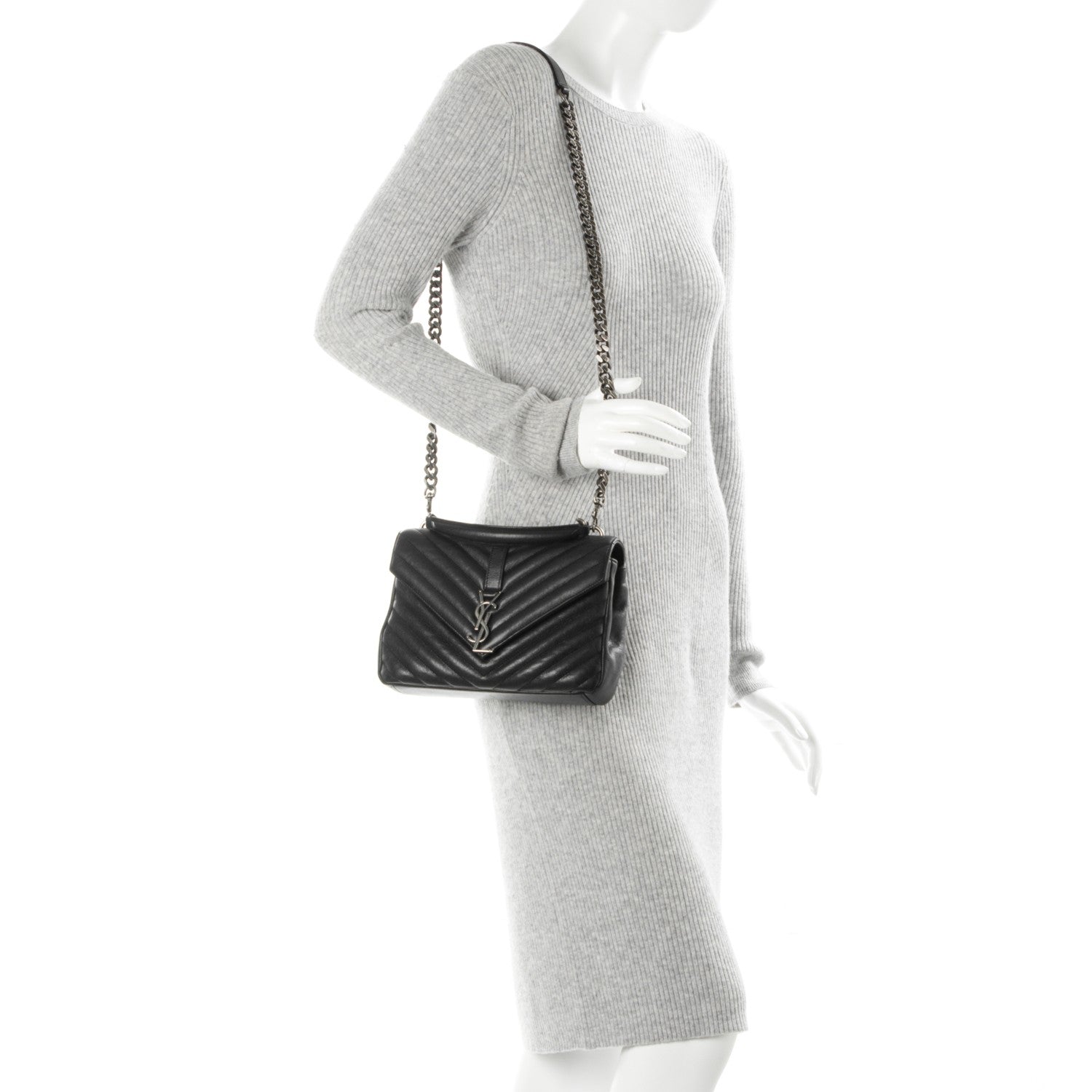 Saint Laurent Sheepskin Matelasse Chevron Monogram Medium College Bag Black 2 of 7