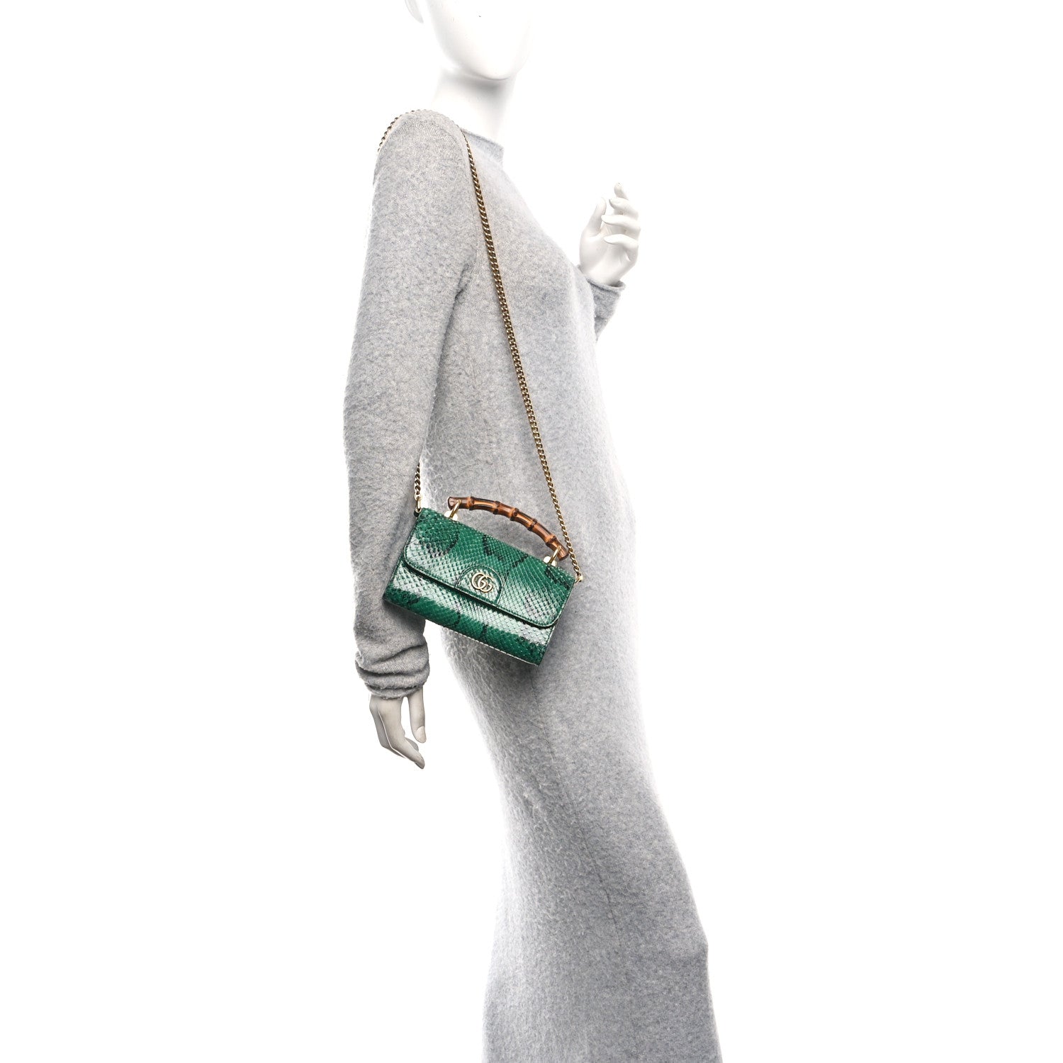 Gucci Snakeskin Mini Diana Bamboo Top Handle Clutch Emerald