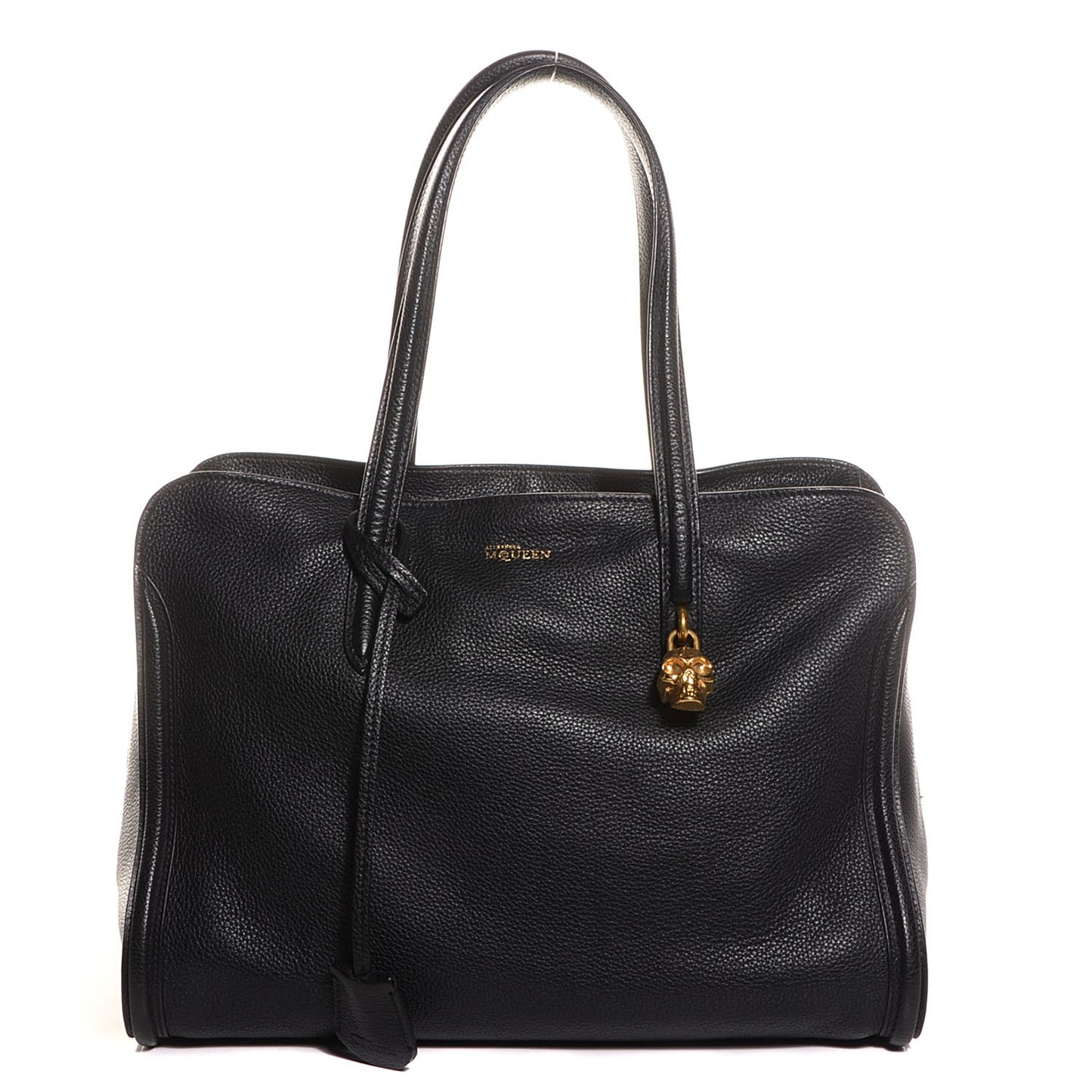 Pebbled Calfskin Medium Skull Padlock Zip Around Tote Black