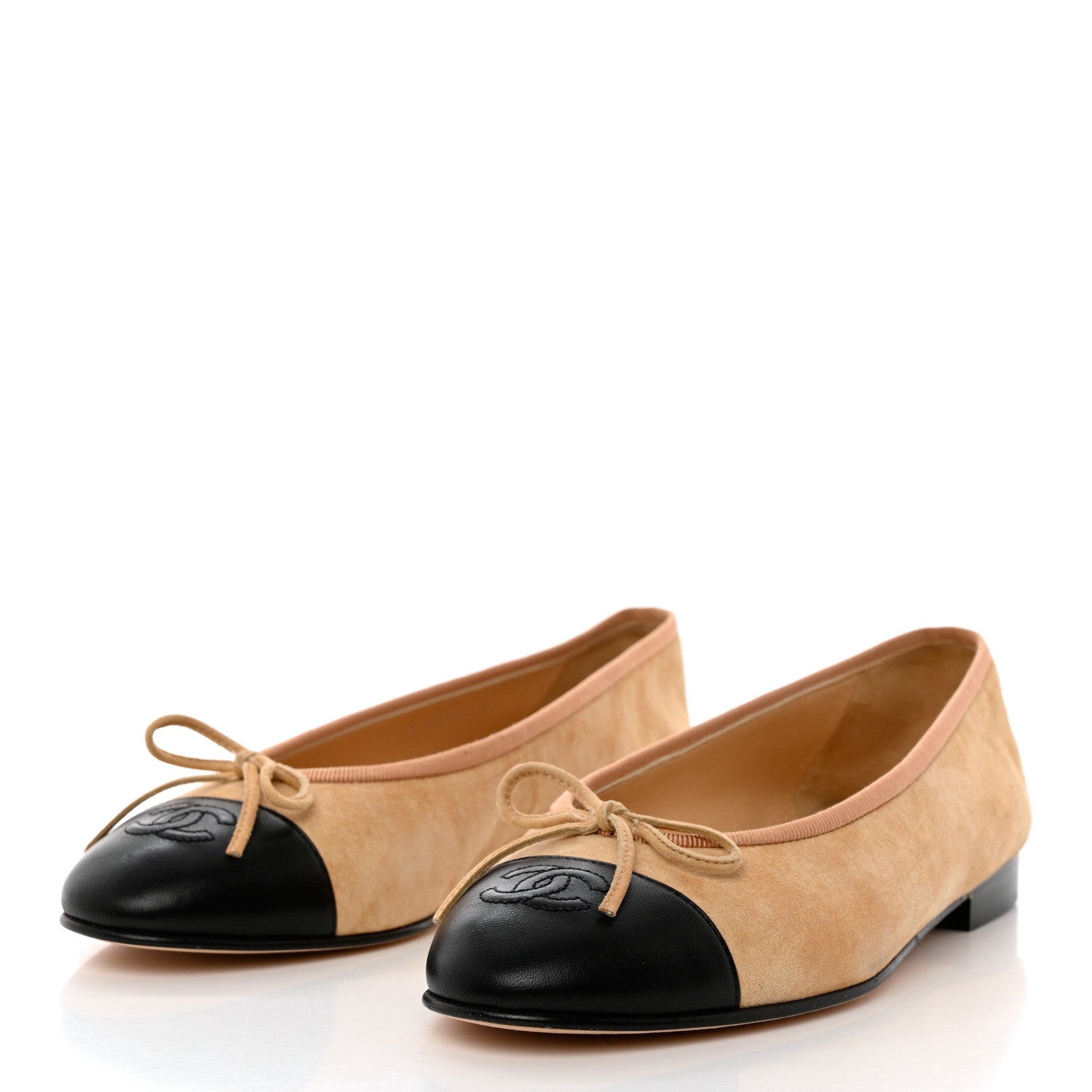 Chanel Suede Cap Toe CC Ballerina Flats 38.5 Beige Black 3 of 12