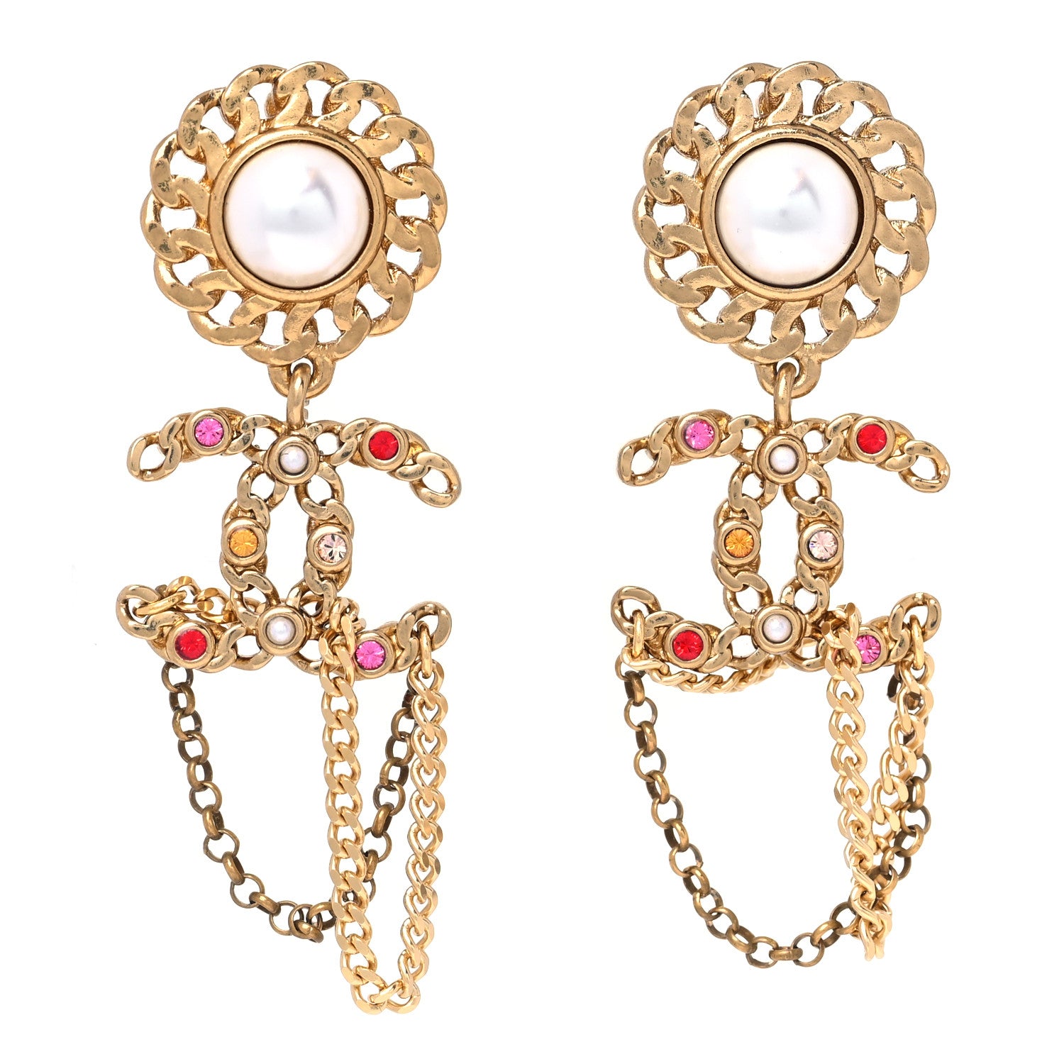 Chanel Pearl Crystal Chain Link CC Drop Earrings Gold Red Pink Yellow 1 of 5