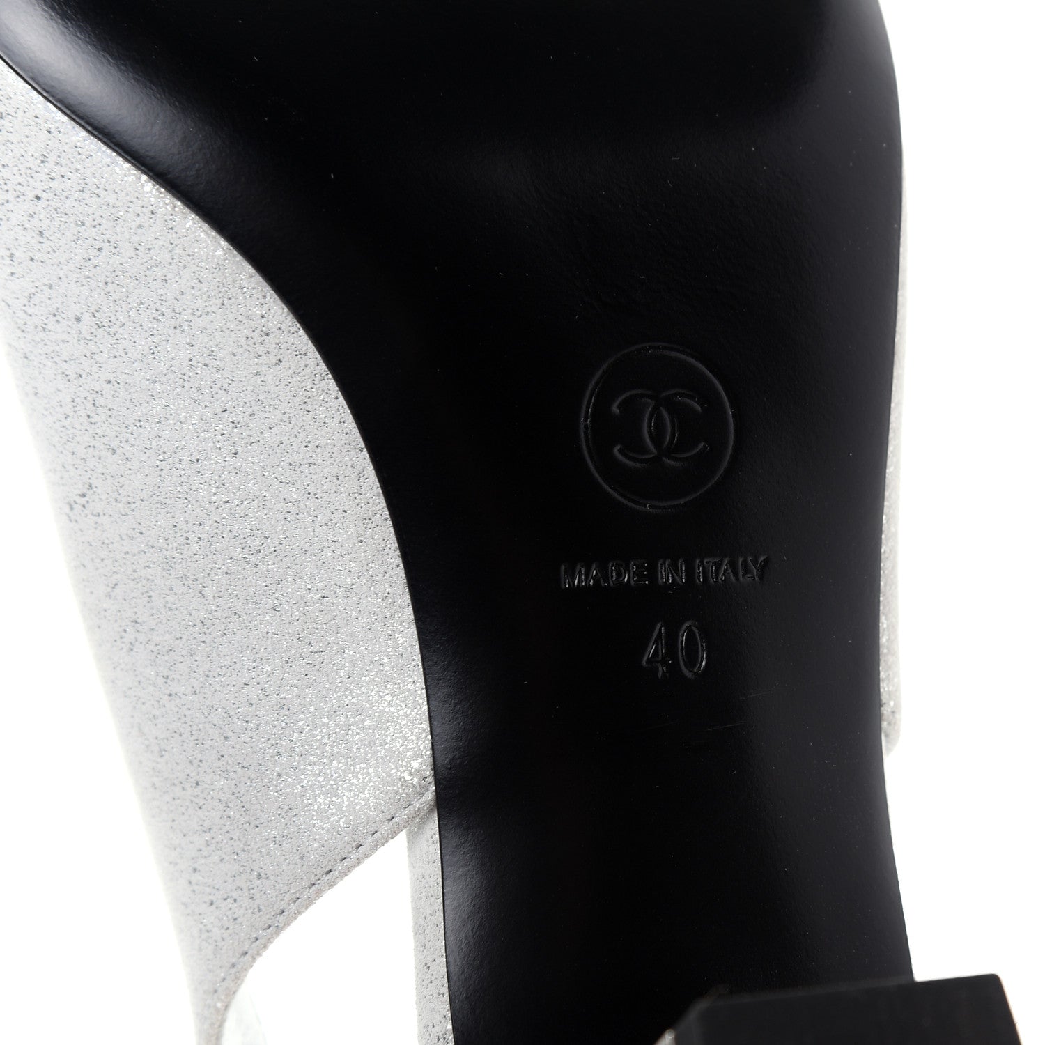 Chanel Laminated Goatskin Velvet Cap Toe CC Slingback Sandals 40 Silver Black 9 of 11