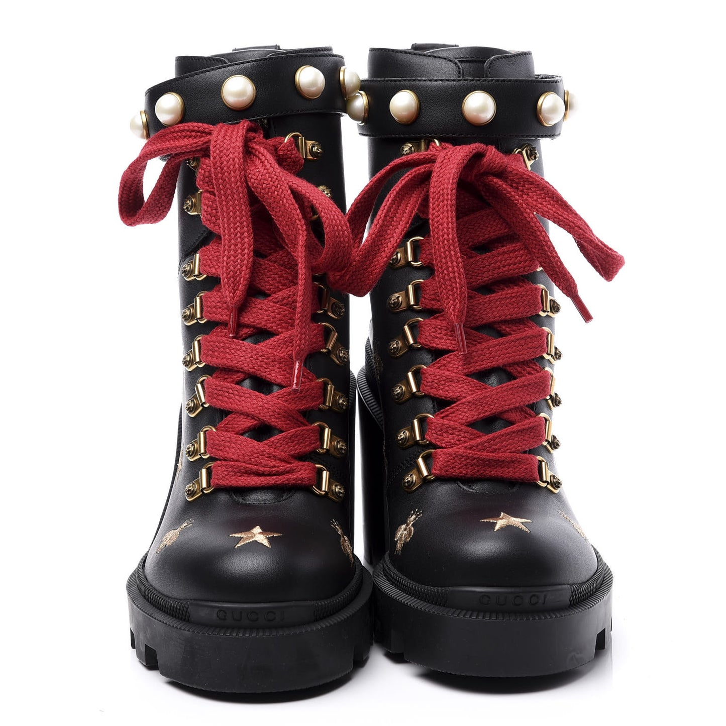 Calfskin Bee Star Embroidered Lace Up Combat Ankle Boots 37 Black