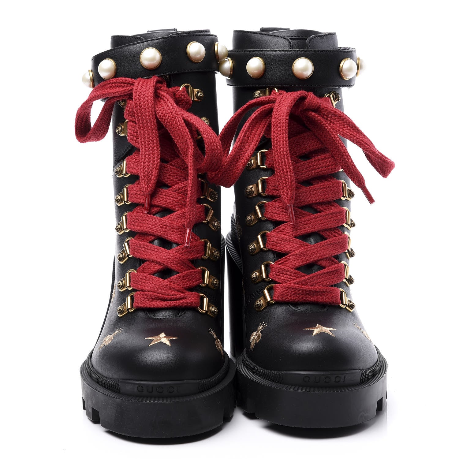 Gucci Calfskin Bee Star Embroidered Lace Up Combat Ankle Boots 37 Black 3 of 11