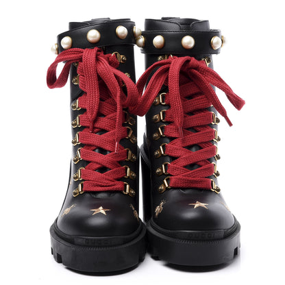 Gucci Calfskin Bee Star Embroidered Lace Up Combat Ankle Boots 37 Black 3 of 11