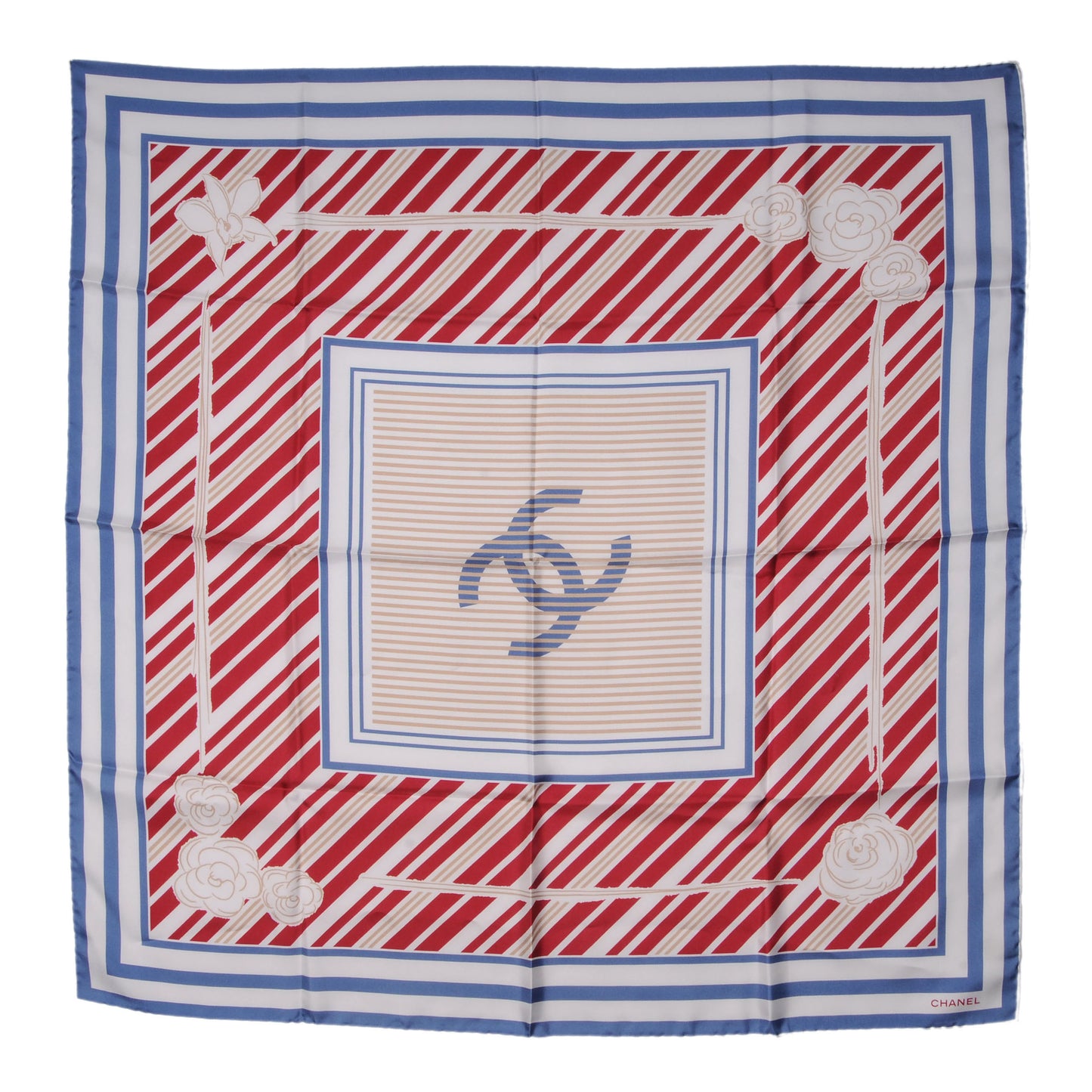 Silk Camellia Stripe CC Scarf Red