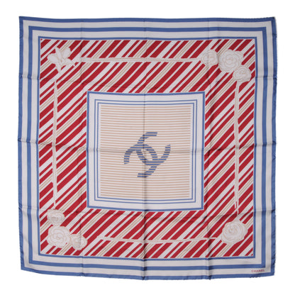Chanel Silk Camellia Stripe CC Scarf Red 2 of 5