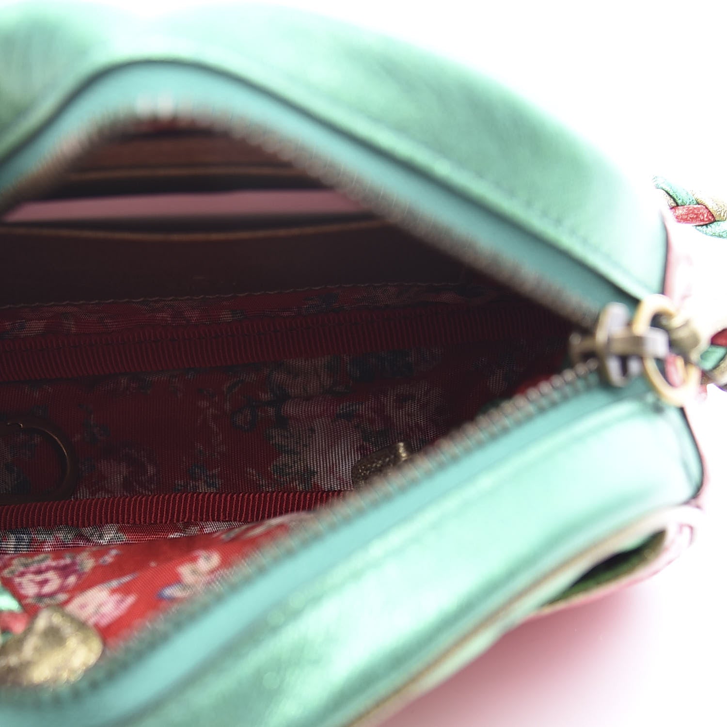 Gucci Laminated Nappa Trapuntata Mini Zumi Dome Shoulder Bag Rosso Jasmine Green Rame 4 of 9