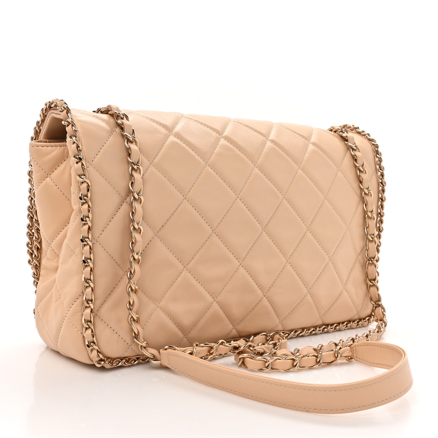 Chanel Crumpled Calfskin Quilted Large Chain All Over Flap Bag Beige 3 of 11