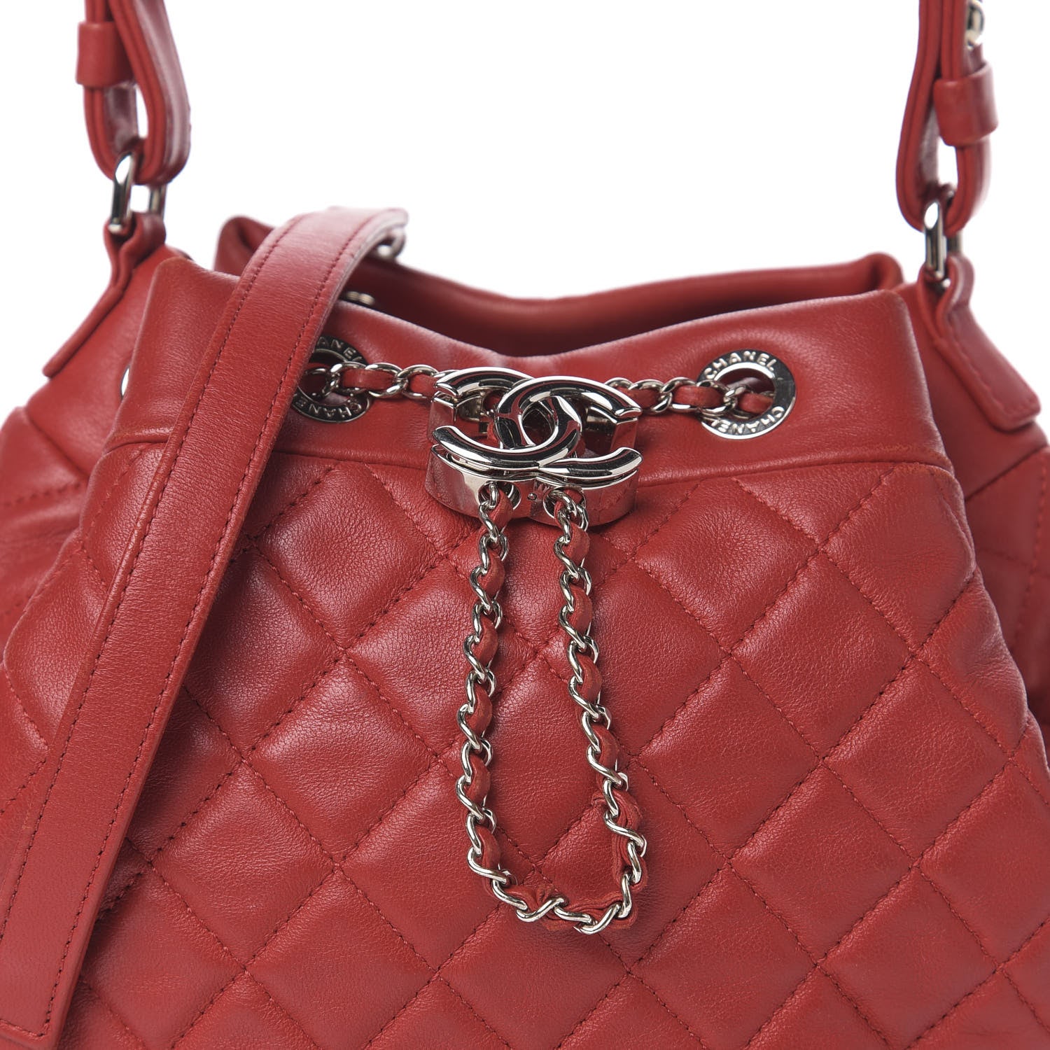 Chanel Lambskin Quilted Small CC Chain Drawstring Bucket Bag Red 15 of 15