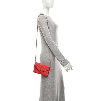 Chanel Shiny Goatskin Chevron Quilted Statement Wallet On Chain WOC Red 2 of 12