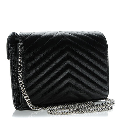 Saint Laurent Grain De Poudre Matelasse Chevron Monogram Chain Wallet Black 3 of 5