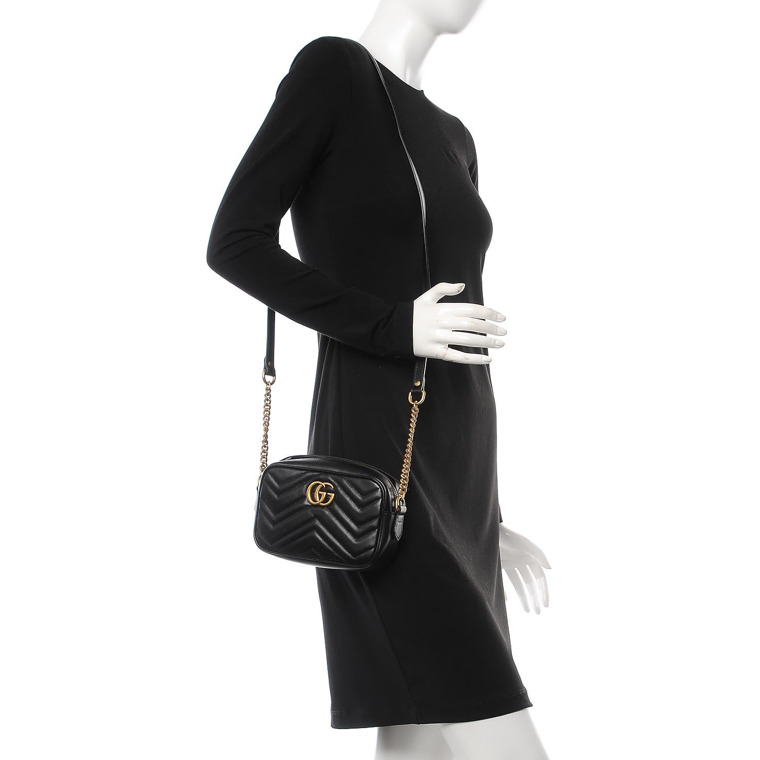 Gucci Calfskin Matelasse Mini GG Marmont Chain Shoulder Bag Black 2 of 7
