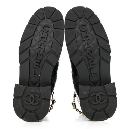 Chanel Shiny Calfskin Patent Quilted Chain Lace Up Combat Boots 38.5 Black 5 of 11