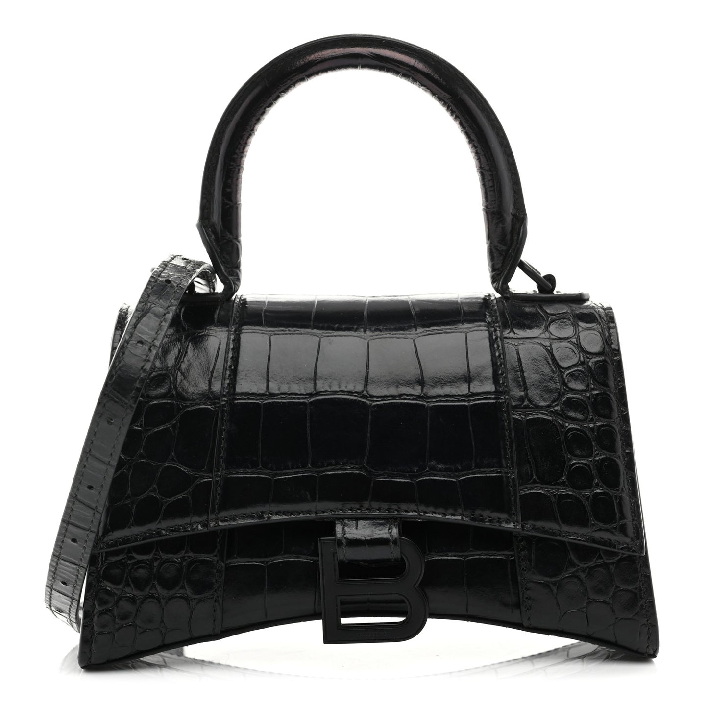Shiny Calfskin Monochrome Crocodile Embossed Hourglass Top Handle Bag XS Black