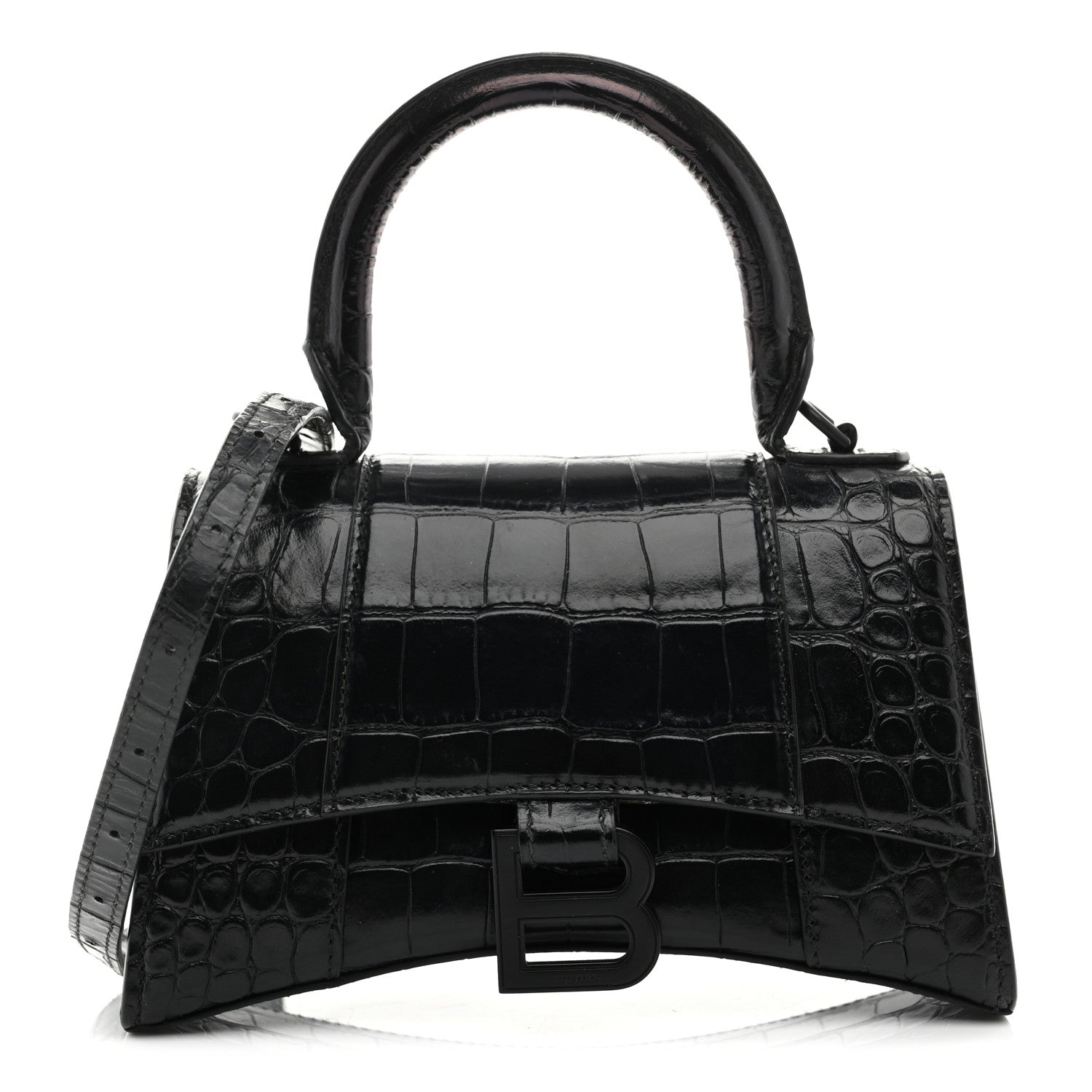 Balenciaga Shiny Calfskin Monochrome Crocodile Embossed Hourglass Top Handle Bag XS Black 1 of 11