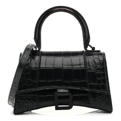 Balenciaga Shiny Calfskin Monochrome Crocodile Embossed Hourglass Top Handle Bag XS Black 1 of 11