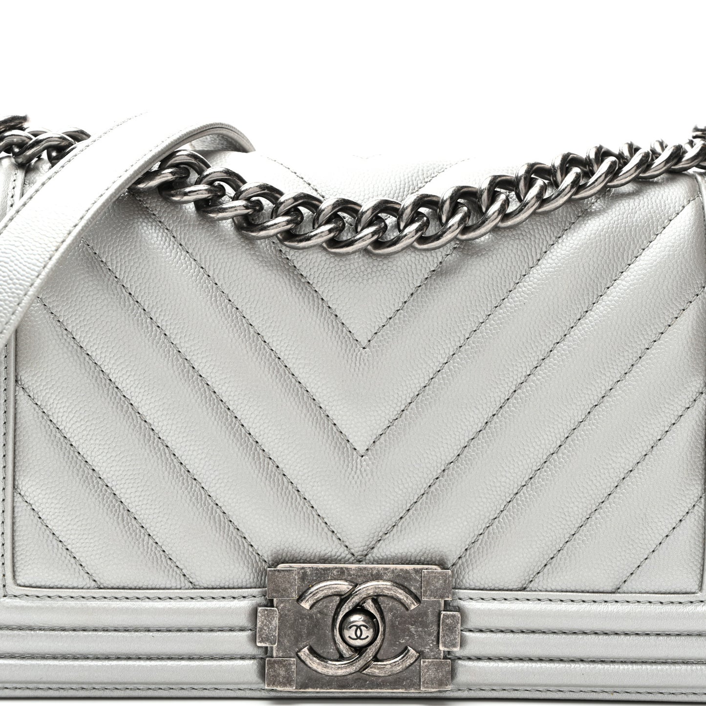 Metallic Caviar Chevron Quilted Medium Boy Flap Silver