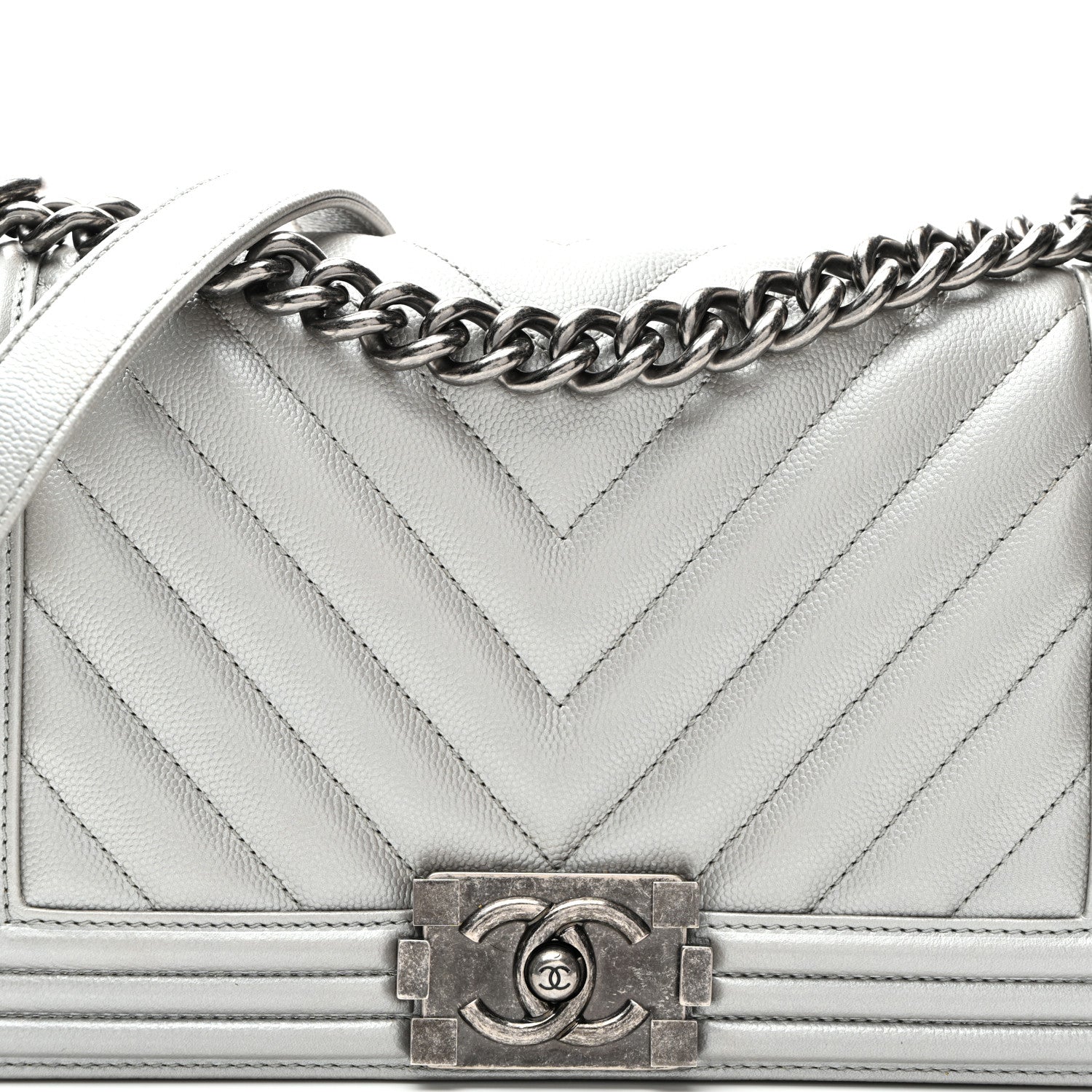 Chanel Metallic Caviar Chevron Quilted Medium Boy Flap Silver 8 of 10