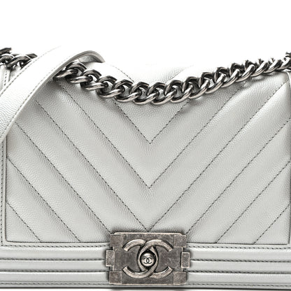 Chanel Metallic Caviar Chevron Quilted Medium Boy Flap Silver 8 of 10