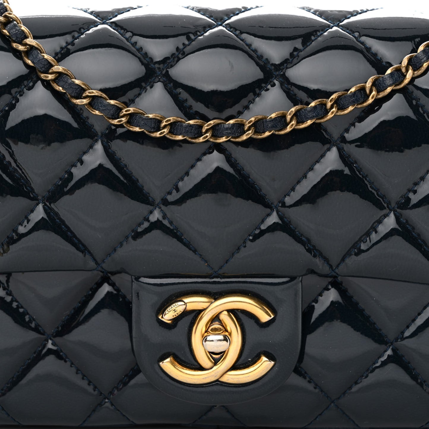 Patent Goatskin Quilted Medium CC Eyelet Flap Blue