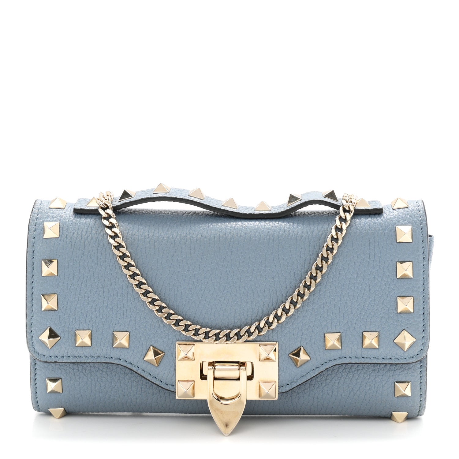 Valentino Garavani Pebbled Calfskin Rockstud Flip Lock Wallet On Chain Niagara 1 of 9